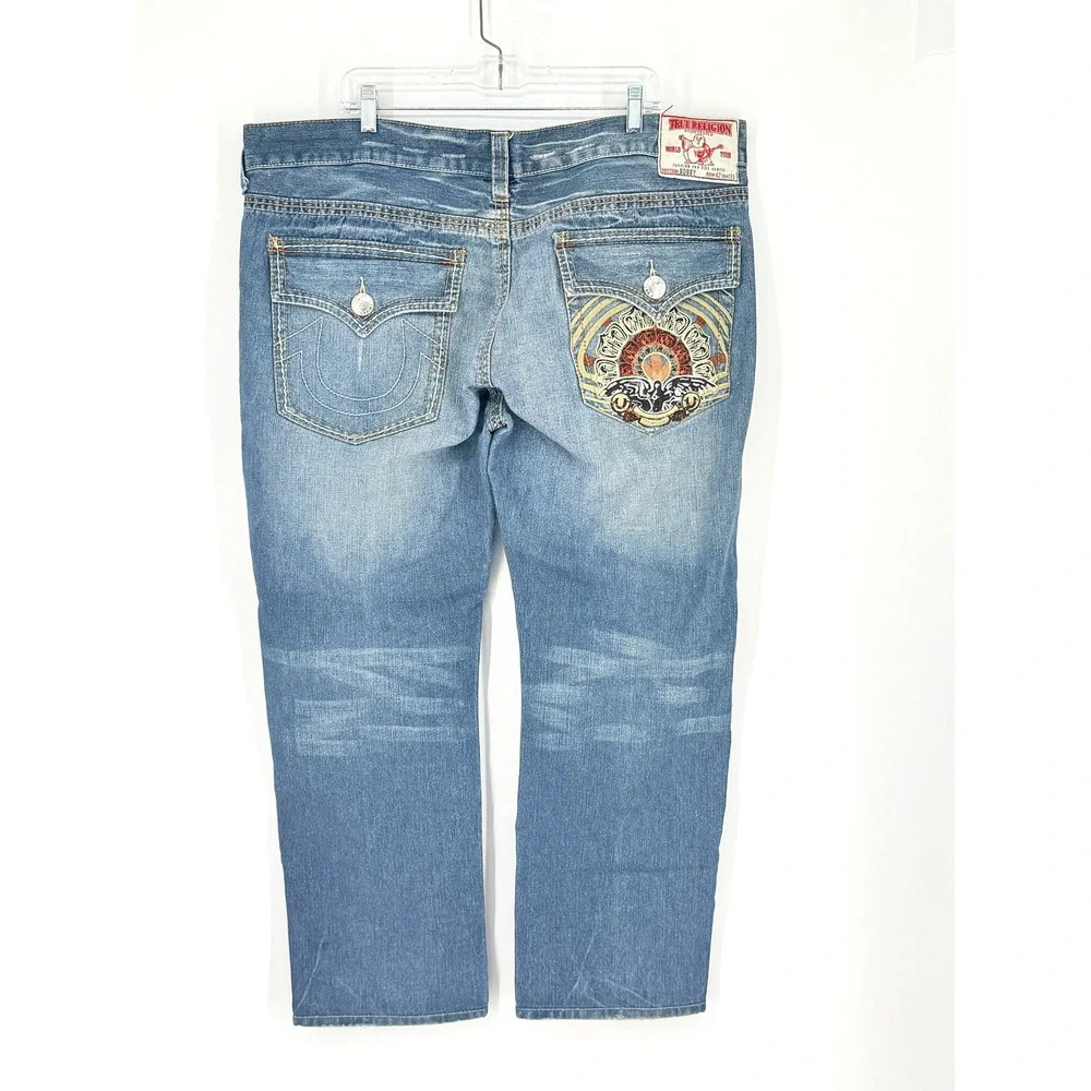 Vintage True Religion Bobby Mens Blue Straight Leg Embroidered Eagle Jeans 46x29
